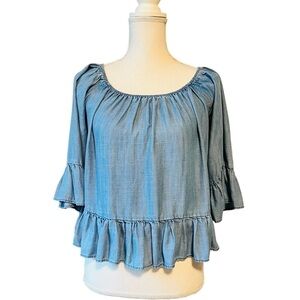 GIANNI BINI WOMENS BLUE TENCELCROP BELL 3/4 SLEEVE TOP SIZE MEDIUM